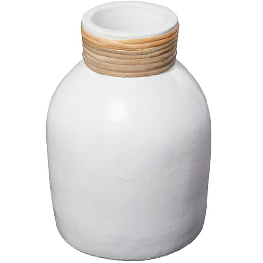 11" White Ceramic Vase with Wrapped Rattan Detailing